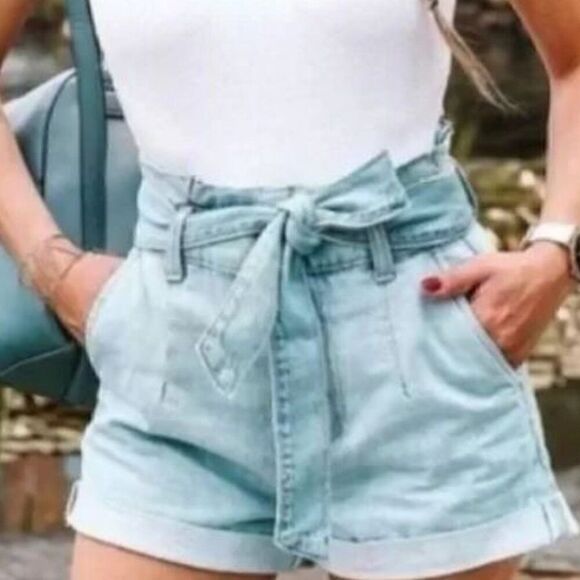 Express Super High Waisted Denim Belted Paperbag Shorts Size 0 - Picture 1 of 7